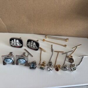 VTG 12 Lot of Men's Jewelry Cuff Links Tie Tacks‎ Bar Pin Swank Ship Jade Glass